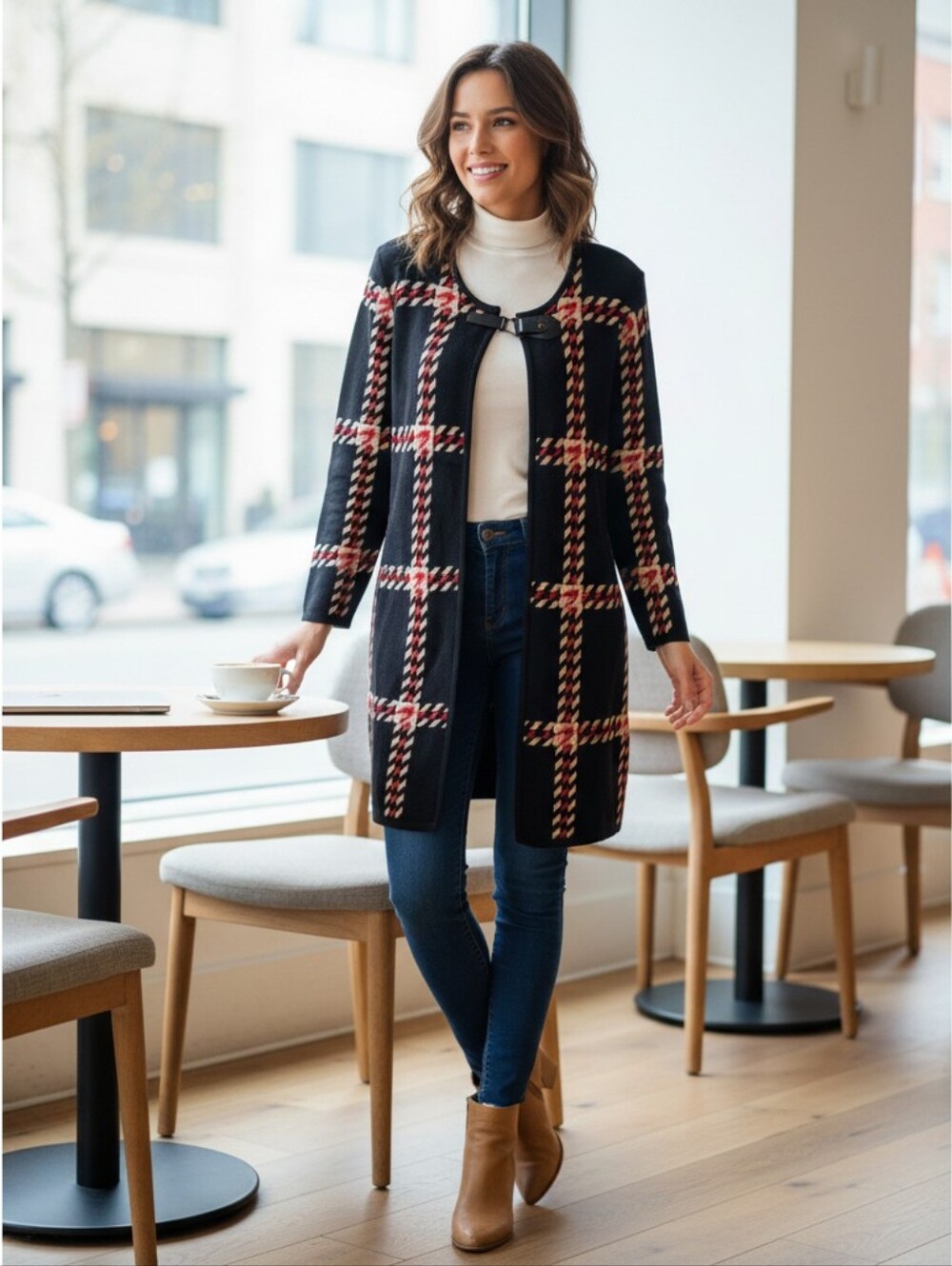 Kasper Plaid Mid-length Cardigan with Buckle Detail Size M